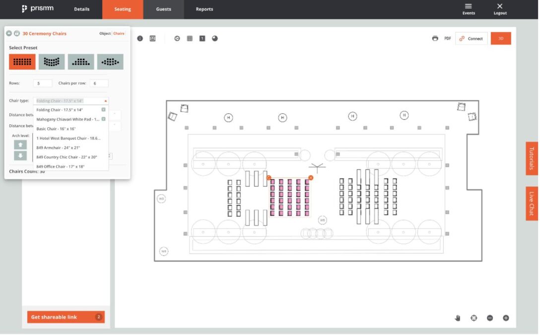 Hospitality technology trends evolve with floor planning tools, like this screenshot of Prismm. It shows how a physical space can be setup in 2D as a virtual representation of the 3D space.