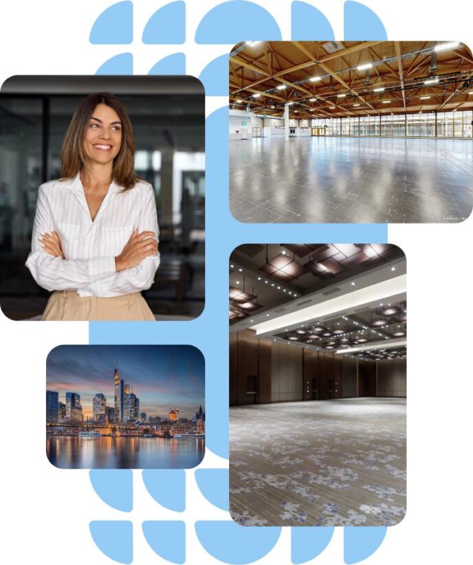 A collage of images to represent how you can sell your space: a woman with folded arms smiling confidently, two empty rooms, and a cityscape.