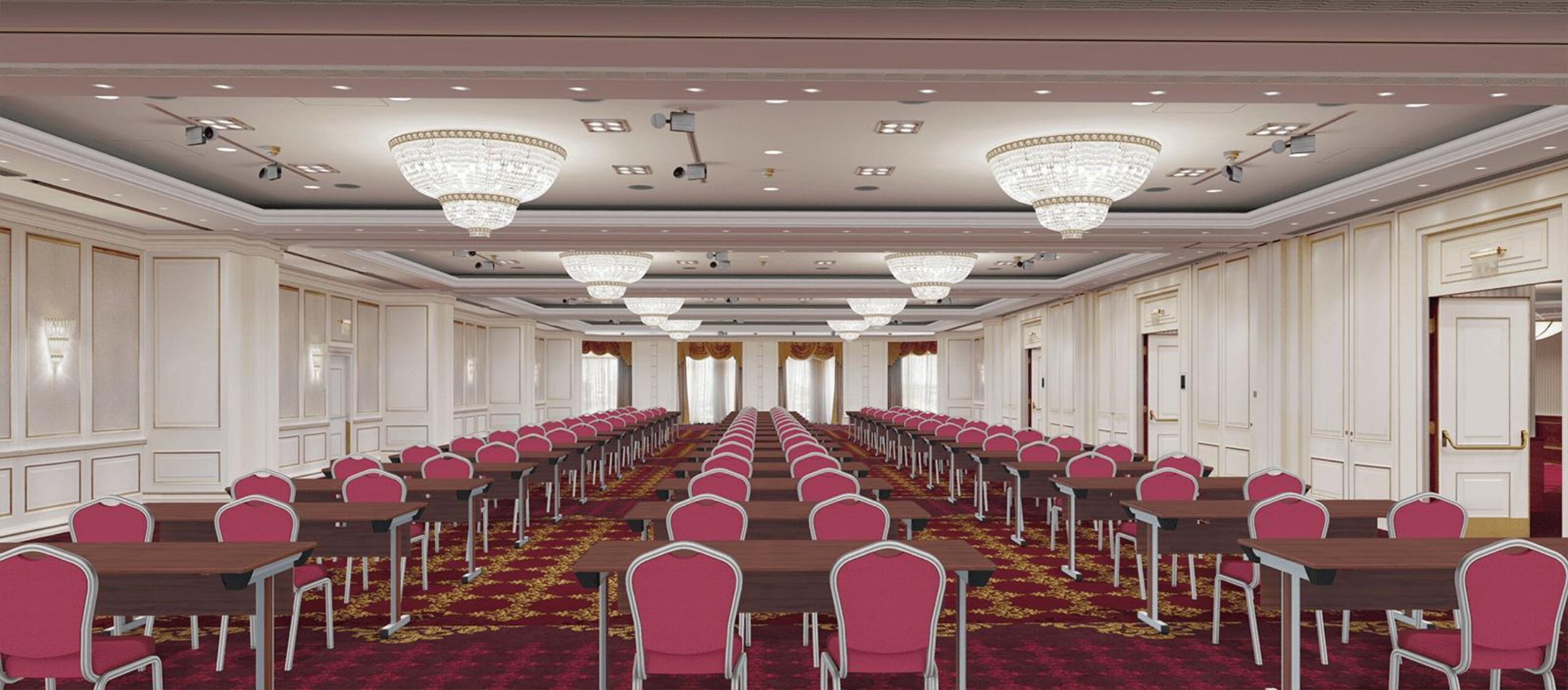 A conference room with neatly arranged tables and chairs facing a podium, large windows in the background, and modern ceiling lighting, meticulously designed through 3D Event Diagramming.