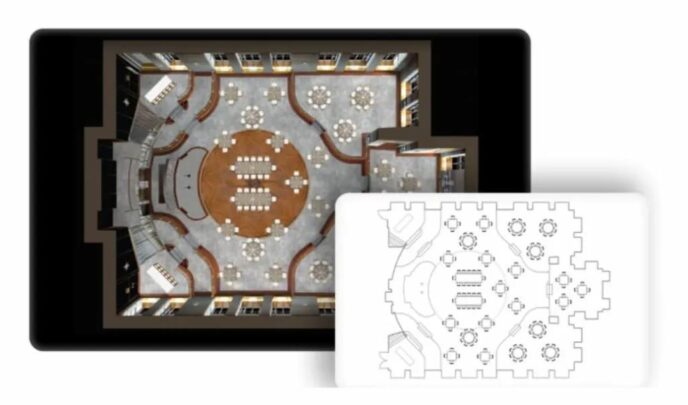 An image compares a bird's eye view of a 3D model with a 2D floor plan of the same space.