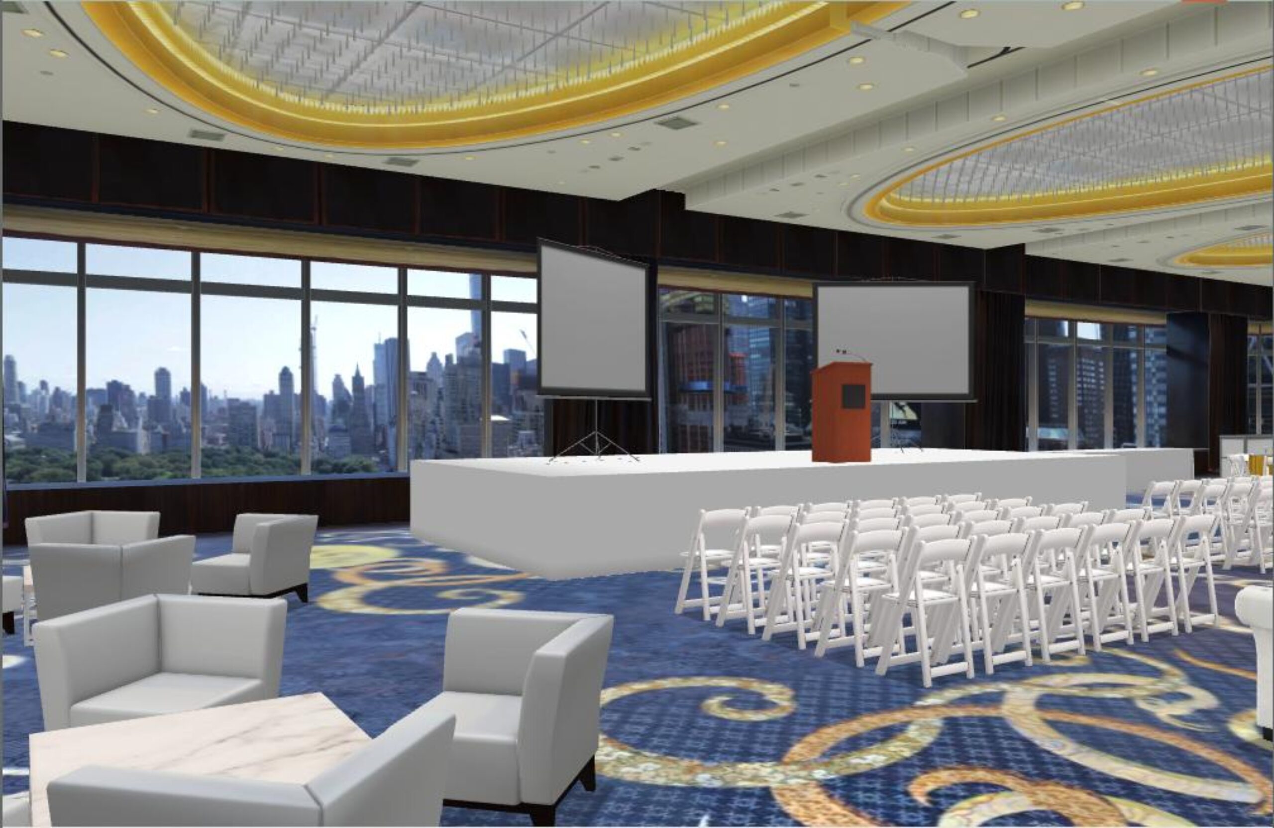 Party and meeting event space in use with 3D objects configured for an event.