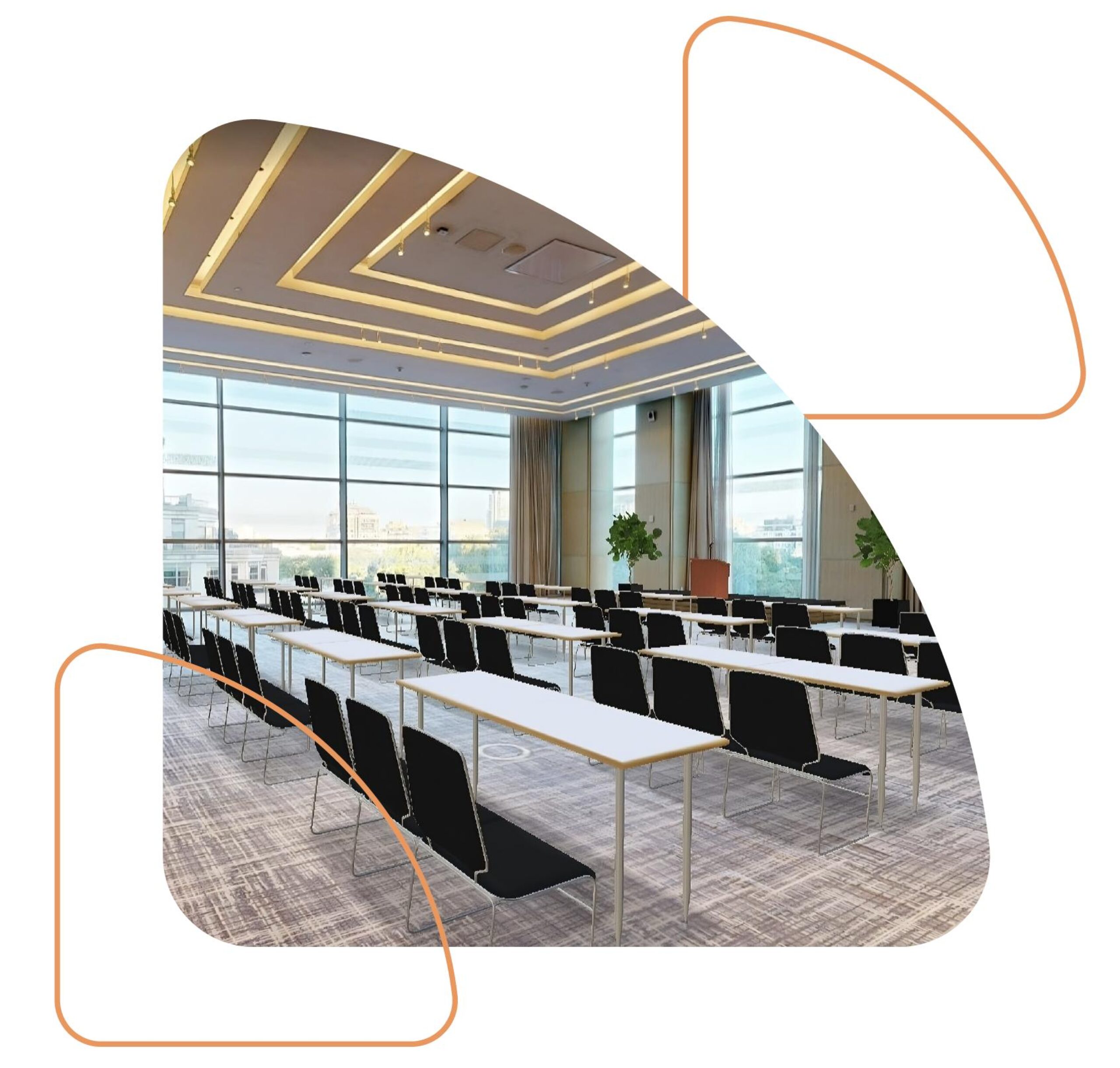 A conference room with neatly arranged tables and chairs facing a podium, large windows in the background, and modern ceiling lighting, meticulously designed through 3D Event Diagramming.