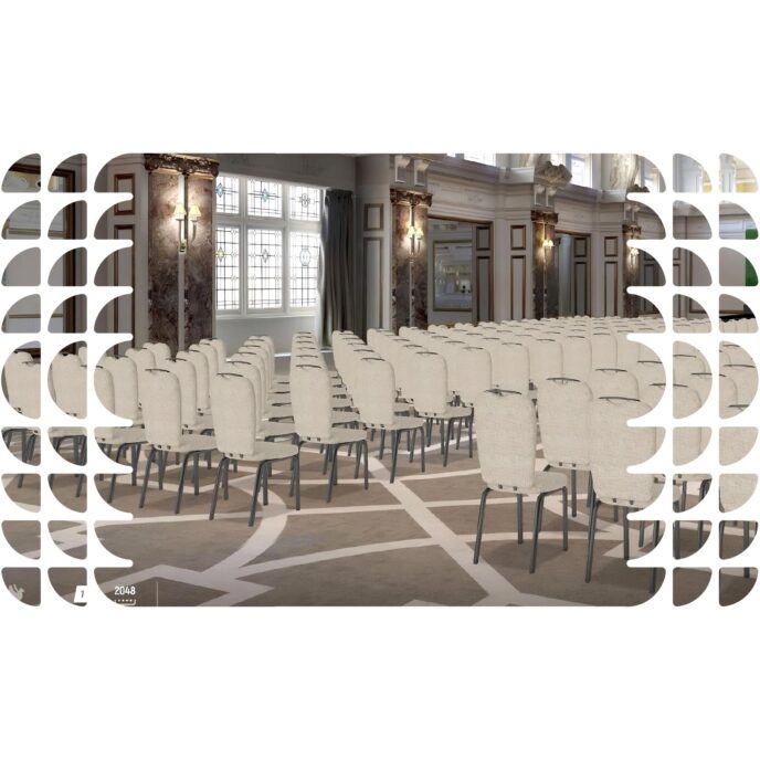 Image of the Prismm platform's immersive 3D visualization. It shows rows of virtually generated white chairs placed inside a 3D rendering of a real building.