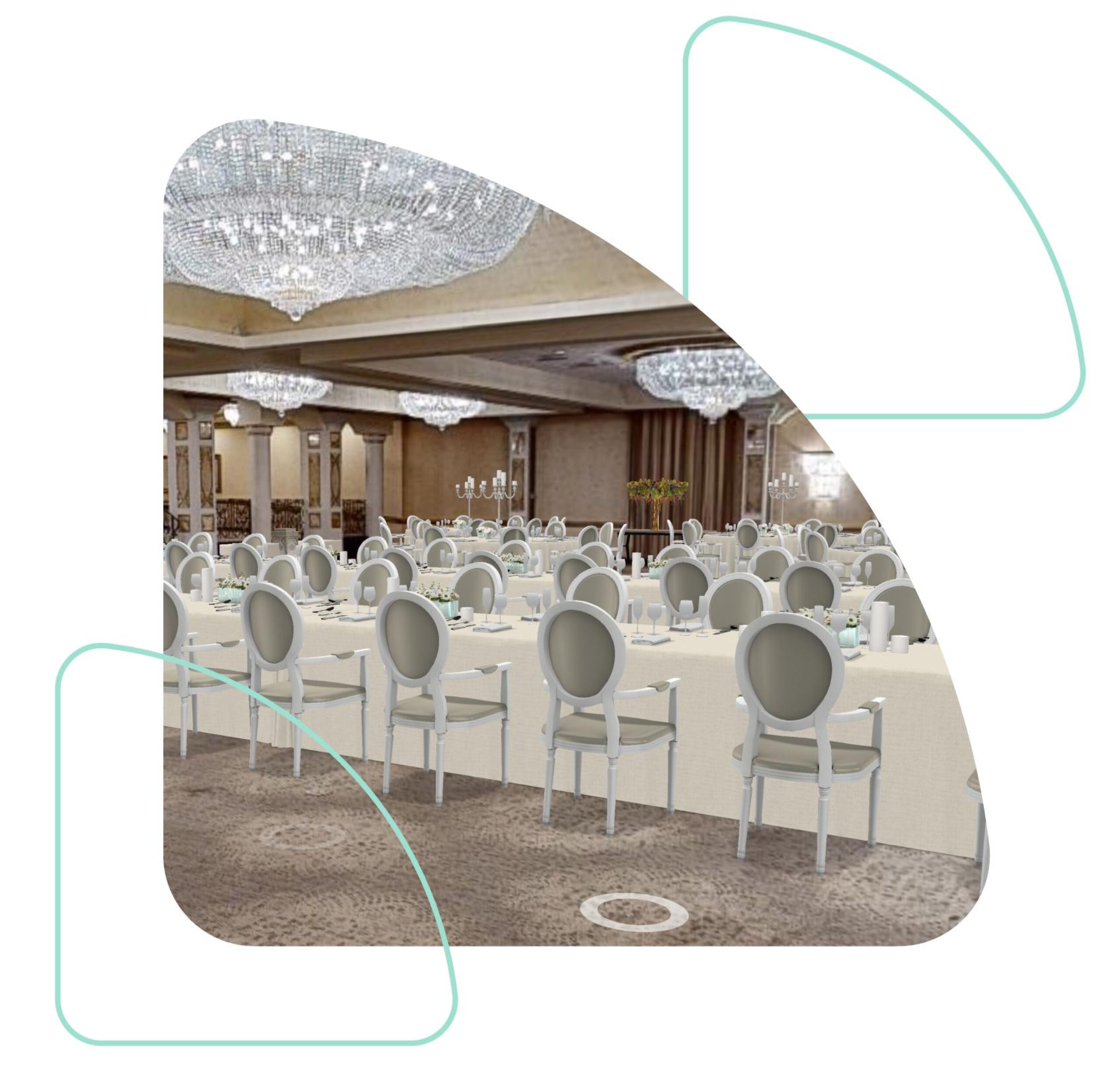 Several chairs are arranged around a table in a banquet hall. The 3D rendered chairs and tables represent how Prismm can help solve spatial design problems for event planners and venues.