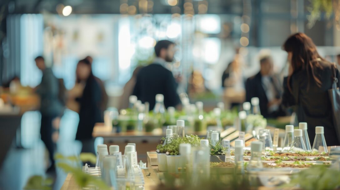 Image of a sustainable event where defocused participants mingled amidst the various ecofriendly displays.