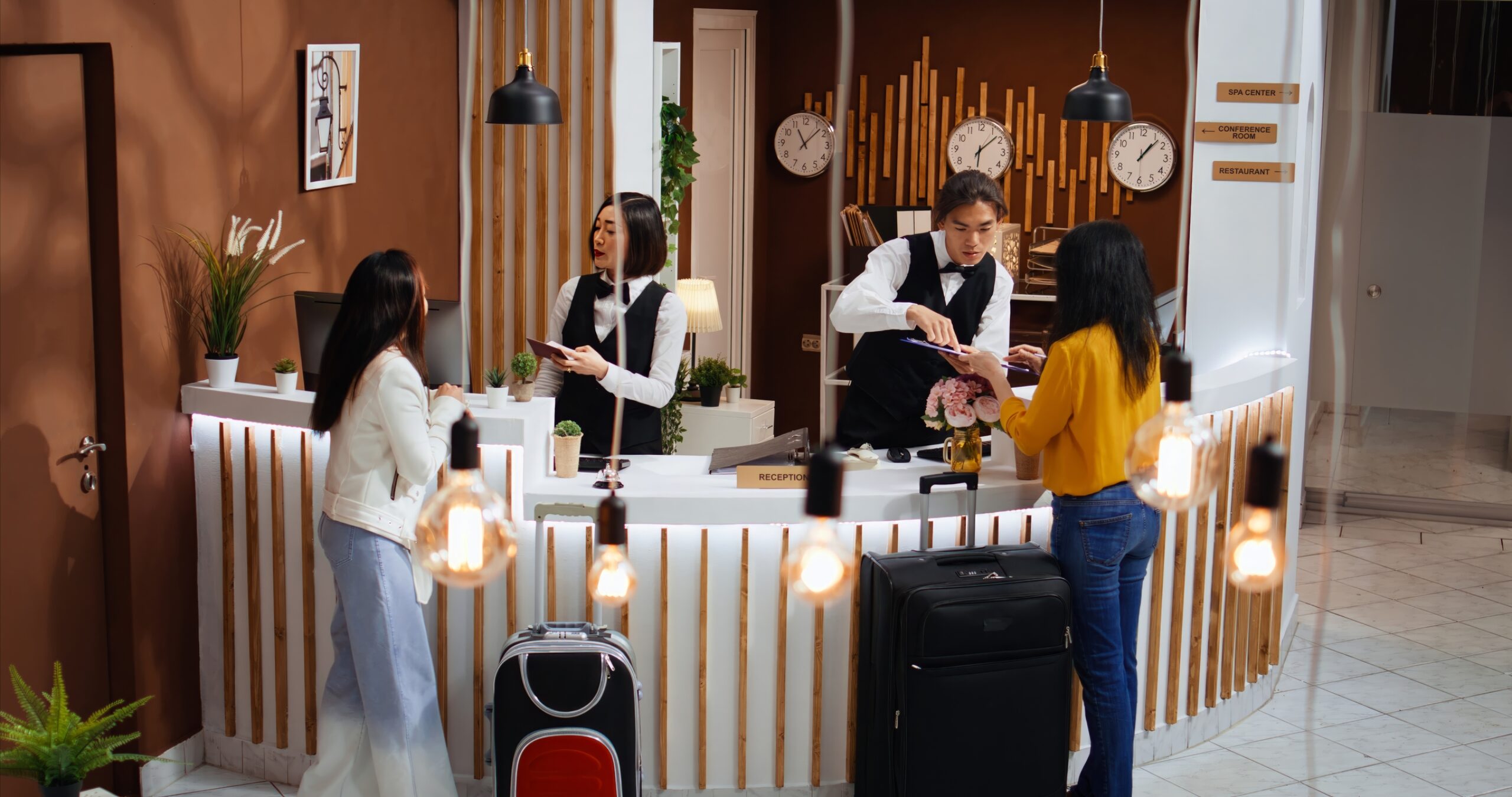 Independent hotel reception staff helping guests. Two women on vacation are being greeted by the friendly employees.