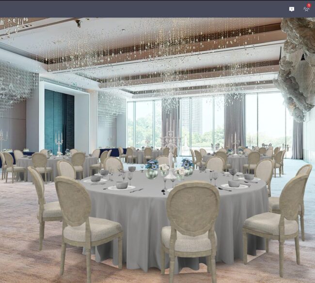 Spatial design technology is used to showcase a 3D, light-colored dining event setup in a venue space.