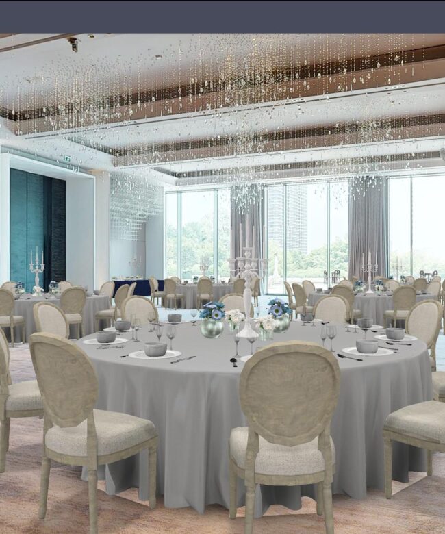 Spatial design technology is used to showcase a 3D, light-colored dining event setup in a venue space.