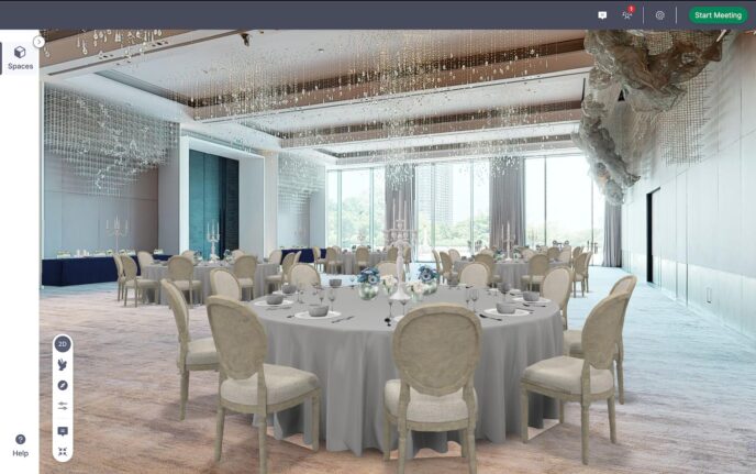 Spatial design technology is used to showcase a 3D, light-colored dining event setup in a venue space.