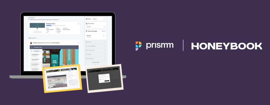 Prismm and Honeybook integration shown on three screenshots in a collage on a purple background. The company logos are featured on the right side of the image.